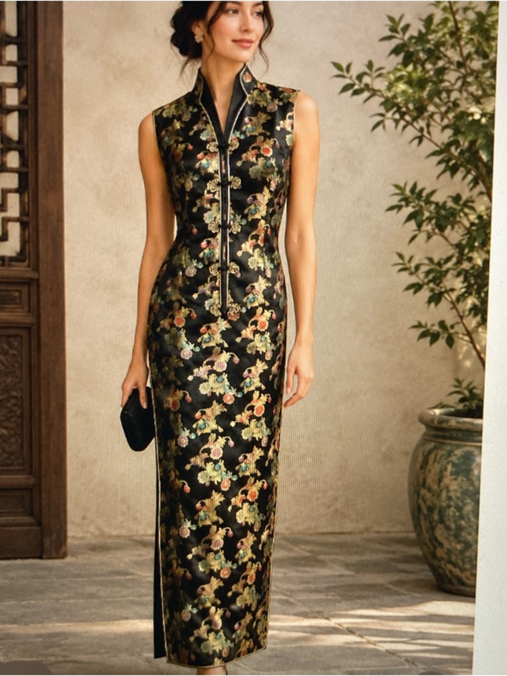 Vintage Black Satin Brocade Cheongsam Qipao Maxi Dress S682